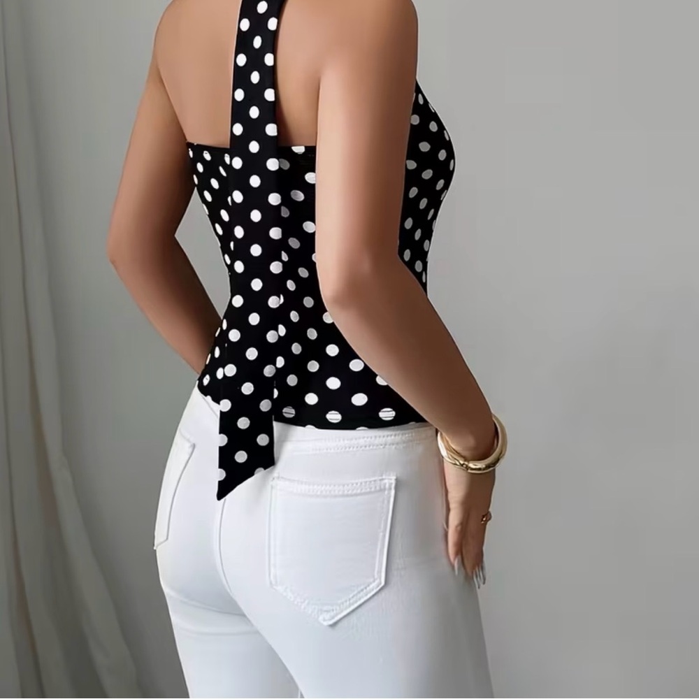 🤩HOST PICK🤩European Black and White Polka Dot asymmetrical halterw/open back - Picture 3 of 3